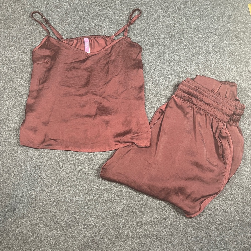 Adored by Adore Me Burgundy Satin Pajama Set Camisole Sz L and Joggers Sz XL